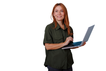 Cheerful female professional using technology for business communication, having smart ideas, with copy space