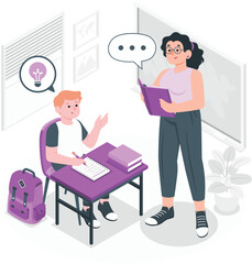 Teacher explaining lesson to student at desk classroom education