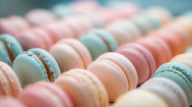 Panning camera shifting focus across pastel macarons in diagonal display on pastel counter