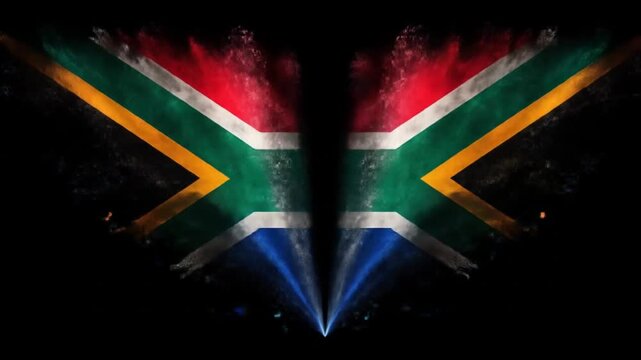Graphic depiction of a split image reflecting the colors of a nation's flag in a dark space