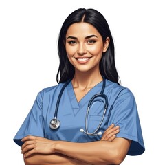Smiling female nurse with stethoscope, arms crossed, healthcare