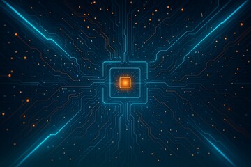 Central processing unit glowing in the heart of a futuristic circuit network, abstract technology background with intricate neon lines