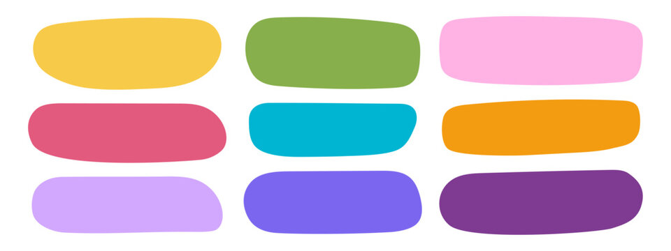 Set of cute rectangular textbox shapes in doodle style. Colorful empty organic forms for tags, stickers, speech or quote bubbles, paper notes isolated on white background. Vector flat illustration