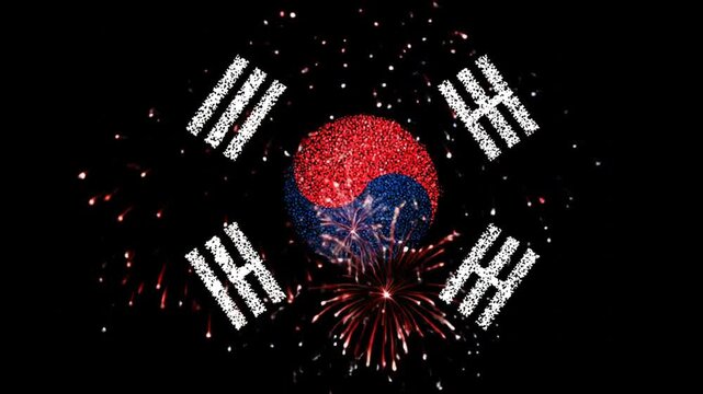 A stylized flag with a fireworks design, featuring a central yin-yang and four trigrams