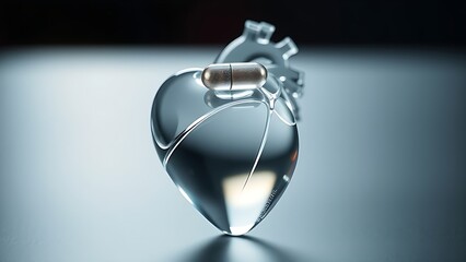 statin. An abstract glass sculpture of a human heart, with a single statin pill balanced on its top. event programs, museum guides, designed for cultural heritage projects and event programs.