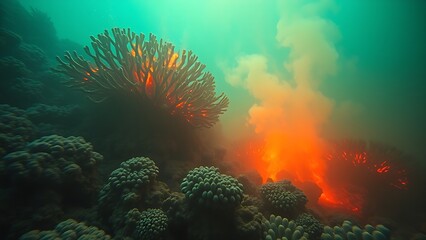 toxicology. A terrifyingly beautiful underwater scene where the coral reef is consumed by an acidic neon-green and orange haze. ESG reports.