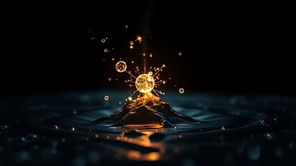 submicroscopic. A single, complex, glowing molecule emerges from a dark, primordial aqueous solution, symbolizing the spark of life. STEM education sheets.