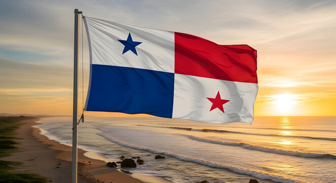 Panama flag waving against sunset on beach with ocean waves  