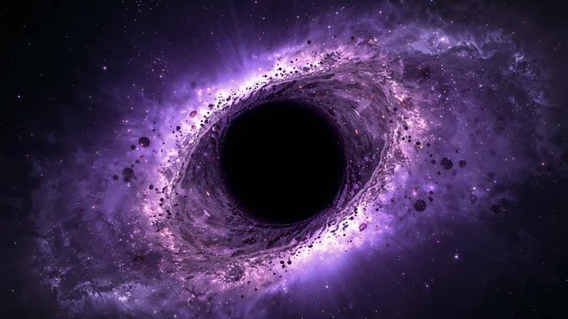 Opening showing black hole accreting purple gas clouds and dust in space, revealing heated clumps