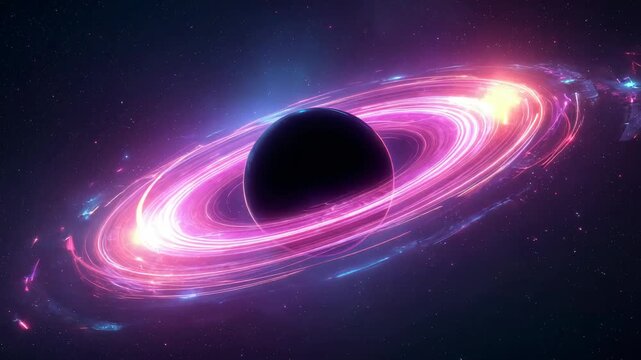 Starting with stars revealing black hole core rotating accretion disk in space, with plasma rings - Powered by Adobe
