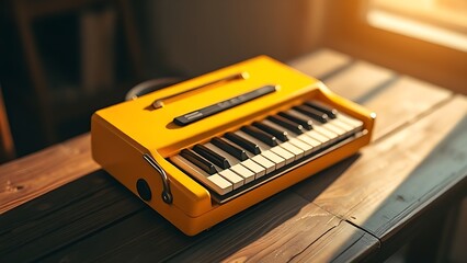melodica. A vintage yellow melodica on a rustic wooden table in warm sunlight. lifestyle magazines, social media lookbooks, designed for influencer and brand collaborations.