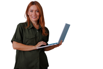 Redhead woman smiling, using a laptop, showing business communication, technology, and success on transparent background