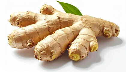 Fresh ginger root with knobby light brown skin and vibrant yellow slices, accented by two green leaves, evoking organic vitality, culinary warmth, and natural healing symbolism.
