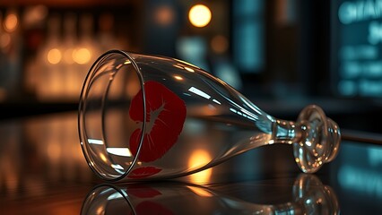 imprudence. An overturned wine glass with lipstick marks on a bar counter in moody lighting. bar promotions, beverage menus, designed for food & beverage menus and cafe branding.