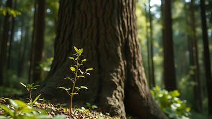followership. A young sapling grows beside a mature tree in a sun-dappled forest, symbolizing the cycle of life. ESG reports, sustainability campaigns, designed for environmental awareness campaigns.