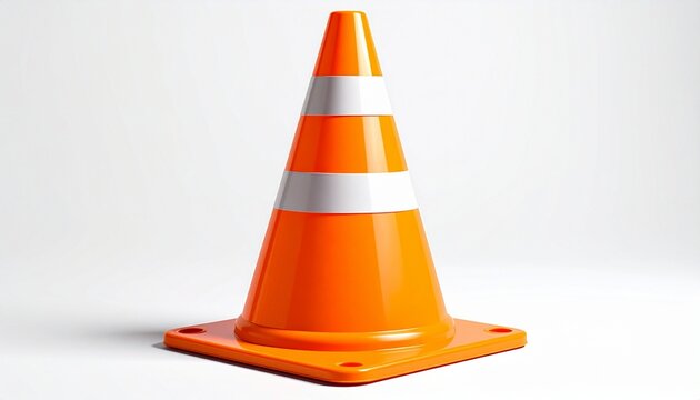 Bright orange traffic cone with two white reflective stripes centered on plain white background, evoking safety symbolism, urban minimalism, and directional clarity.