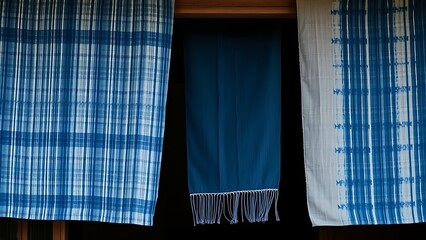 noren. A traditional indigo-dyed fabric noren at an entrance, textile texture with natural folds. event programs, museum guides, designed for cultural heritage projects and event programs.