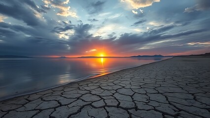 prologue. A receding lake shoreline with exposed cracked dry lakebed under a vast dramatic sunset sky. inspiring travel planning, ESG reports, designed for environmental awareness campaigns.