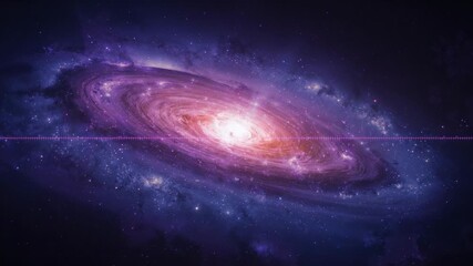 Playing music causing purple waveform bars pulsing in space while spiral galaxy core shimmering - Powered by Adobe