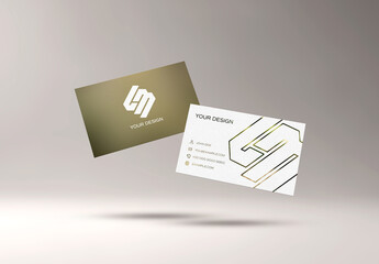 Modern Business Cards Floating On Empty Background Mockup