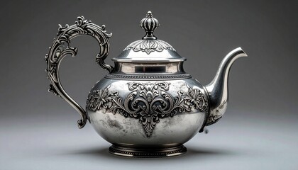 Ornate silver teapot with rounded body, curved spout, and decorative handle, set against neutral backdrop, evoking vintage elegance, ritual hospitality, and timeless craftsmanship.