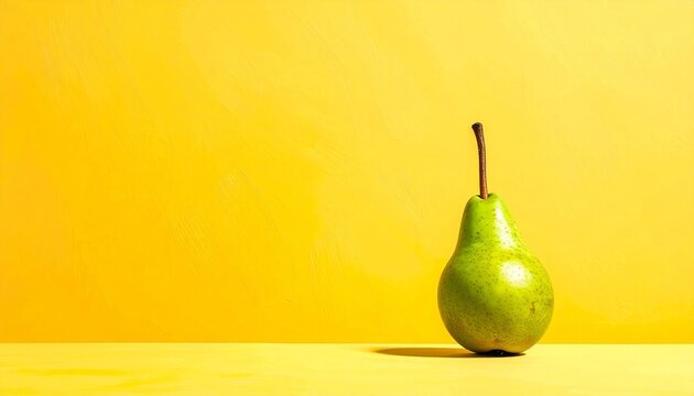 Single green pear upright on flat yellow surface with bright yellow background, evoking minimalist freshness, visual clarity, and symbolic simplicity.
