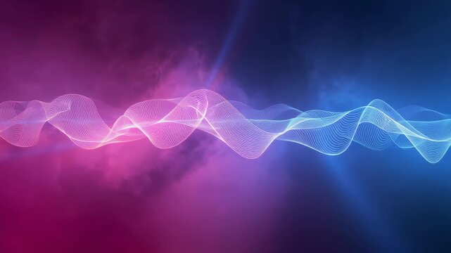 Pulsing waveform ribbon shifting right across digital field, with pink-to-blue gradient and sparks