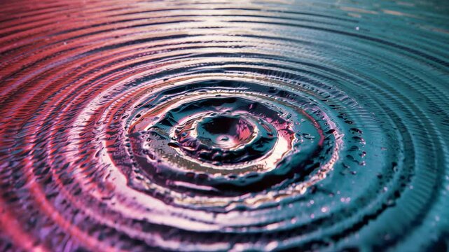 Striking droplet forming crown splash and concentric ripples in basin, under magenta-teal lighting