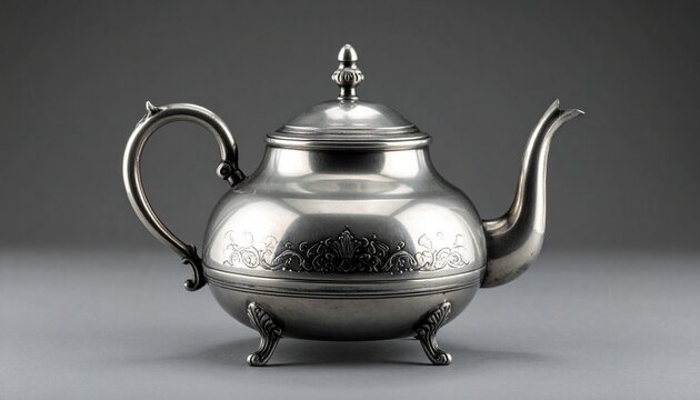 Ornate silver teapot with rounded body, curved spout, and decorative handle, set against neutral backdrop, evoking vintage elegance, ritual hospitality, and timeless craftsmanship.