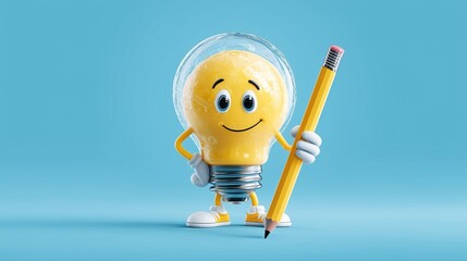 Cartoon lightbulb character holding a pencil, symbol of creativity and ideas