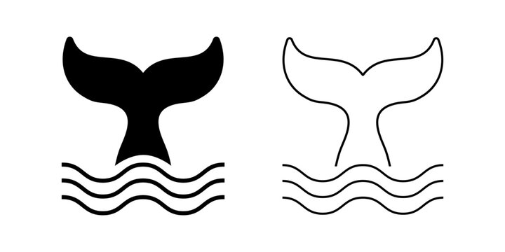 Whale or mermaid tail icons. Black and white cetacean animal fin silhouettes. Dolphin, orca, beluga or another marine mammal symbol. Maritime theme emblem. Vector graphic illustration