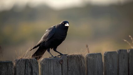 Scanning crow leaning to scan meadow on fence rail under warming sunlight, with rusted nail ring - Powered by Adobe