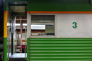 Close-Up of Third-Class Train Car at Hua Lamphong Station in Bangkok, Thailand