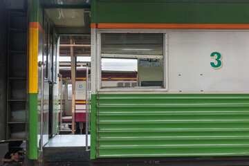 Close-Up of Third-Class Train Car at Hua Lamphong Station in Bangkok, Thailand