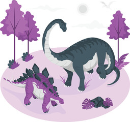 Two cartoon dinosaurs purple stegosaurus and grey sauropod in a purple landscape vector © Shagor