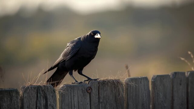 Scanning crow leaning to scan meadow on fence rail under warming sunlight, with rusted nail ring