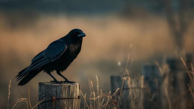 Flying in off-frame, solitary crow perching on wooden fence post scanning tall dry grasses
