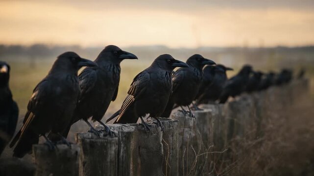 Responding to gentle breeze, crows rotating heads and preening on wooden fence posts at dawn