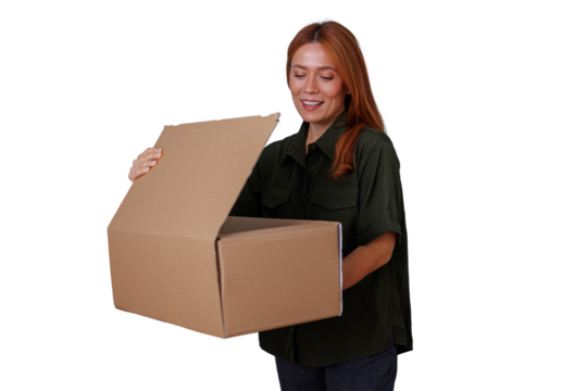 Happy woman opening cardboard box, receiving gift package, unboxing exciting delivery, finding surprise present, transparent background