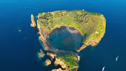 Aerial view of Vila Franca do Campo Islet, crater lagoon of a submerged volcano, Sao Miguel Island, Azores Archipelag, Portugal
