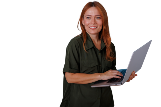 Redhead woman smiling, using laptop technology, confident businesswoman working remotely, transparent background