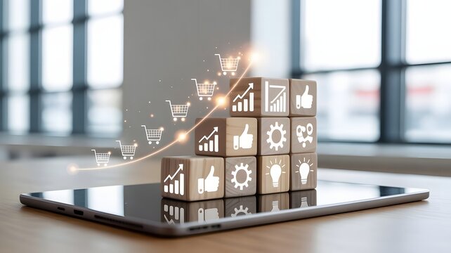 Online business strategy with 3D icons of shopping carts, graphs, and technology blocks on digital tablet symbolizing e-commerce growth, marketing analytics, and digital transformation.
