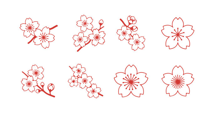 Cherry blossom symbols, sakura symbols, Japanese flower, collection of 12