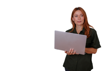 Redhead woman holding laptop, working and thinking, presenting technology, transparent background for easy use