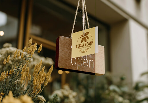 Hanging Wooden Sign Mockup Outside Store