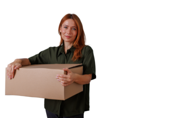 Woman holding cardboard box, delivering package, concept of moving, relocation, shipping, parcel delivery with transparent background