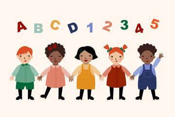 Children in a row holding hands with colorful alphabets and numbers.