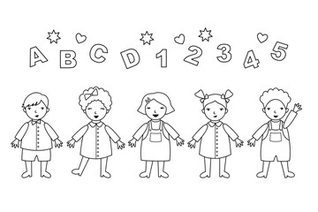 Children in a row with alphabets and numbers, line art illustration for coloring.