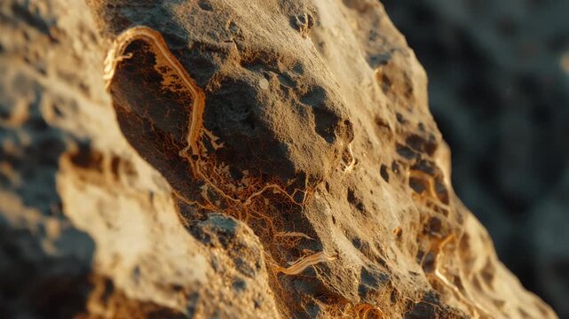 Panning camera starting on close-up of rough stone face, revealing glowing fibrous tendrils