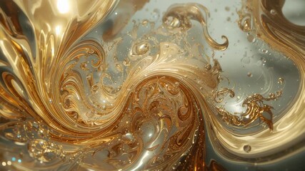 Spawning golden liquid vortex rotating in abstract space, with metallic droplets showing fluid flow - Powered by Adobe
